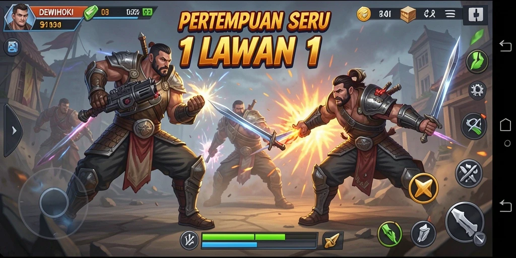 Screenshot utama DEWIHOKI menampilkan pertarungan seru 1 lawan 1.