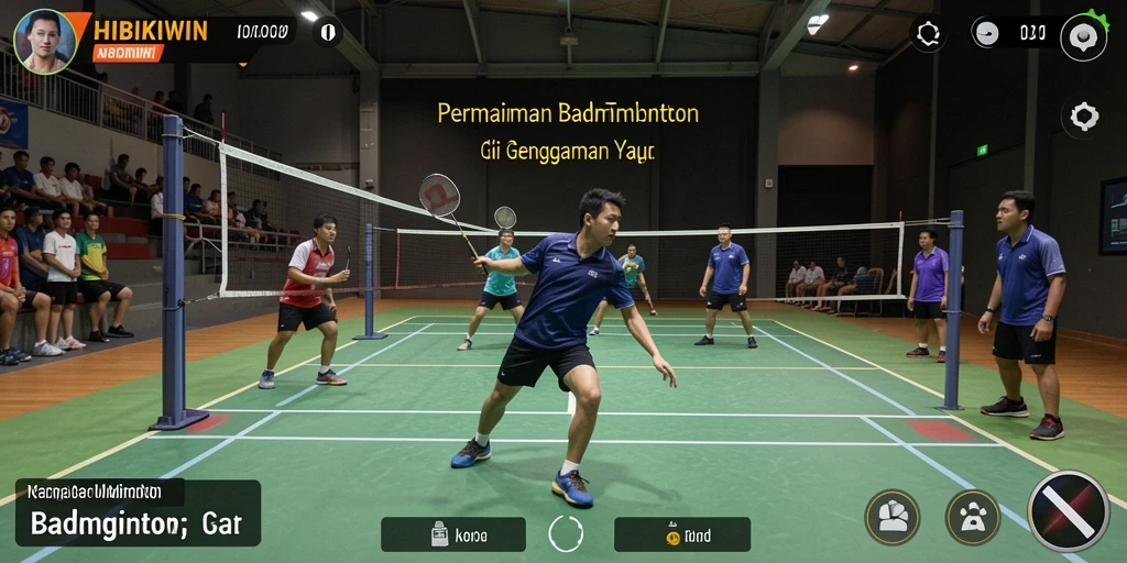 Screenshot HIBIKIWIN menampilkan antarmuka permainan badminton yang menarik.